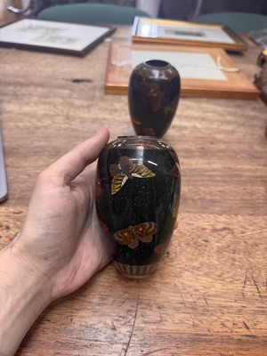 Lot 94 - A pair of Japanese cloisonné 'butterfly' vases, Meiji period