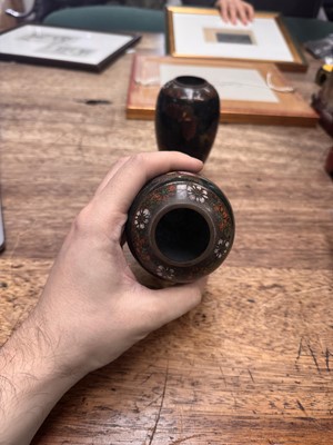 Lot 94 - A pair of Japanese cloisonné 'butterfly' vases, Meiji period