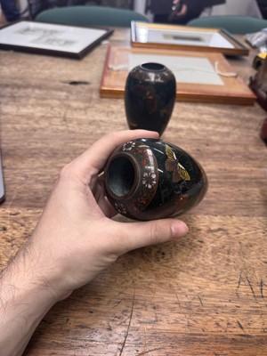 Lot 94 - A pair of Japanese cloisonné 'butterfly' vases, Meiji period