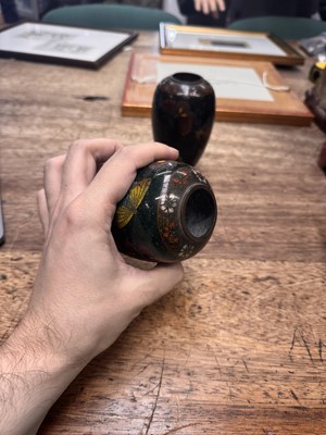 Lot 94 - A pair of Japanese cloisonné 'butterfly' vases, Meiji period