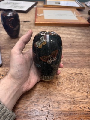 Lot 94 - A pair of Japanese cloisonné 'butterfly' vases, Meiji period