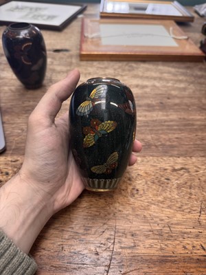 Lot 94 - A pair of Japanese cloisonné 'butterfly' vases, Meiji period