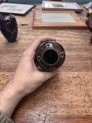 Lot 94 - A pair of Japanese cloisonné 'butterfly' vases, Meiji period