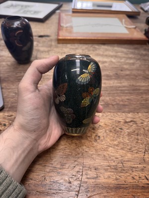 Lot 94 - A pair of Japanese cloisonné 'butterfly' vases, Meiji period