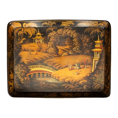 Lot 14 - A Chinoiserie decorated japanned tray on stand, 19th century
