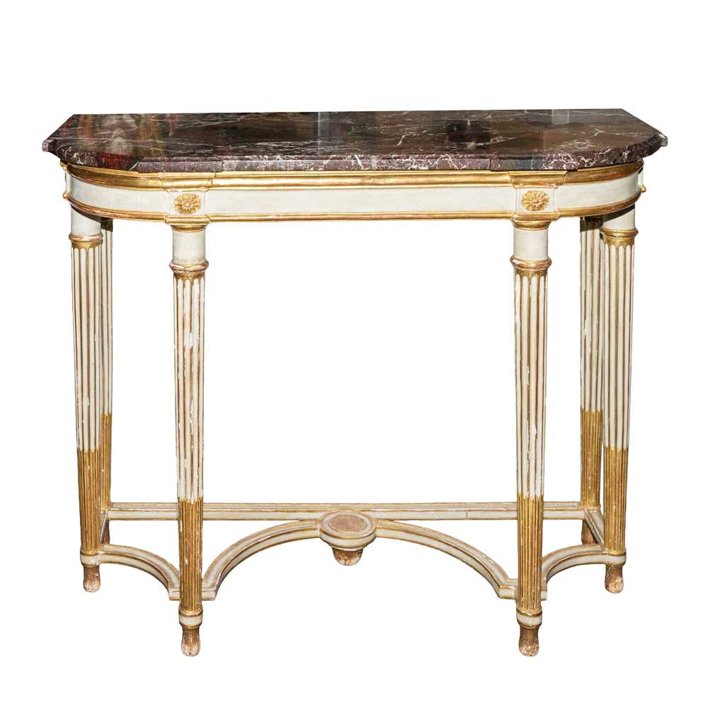 Lot 24 - A Louis XVI marble topped white painted and parcel gilt console table