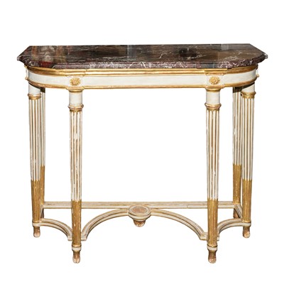 Lot 24 - A Louis XVI marble topped white painted and parcel gilt console table