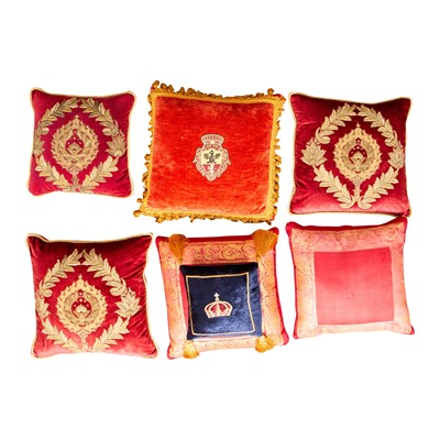 Lot 269 - A collection of traditional cushions in shades of burgundy and red
