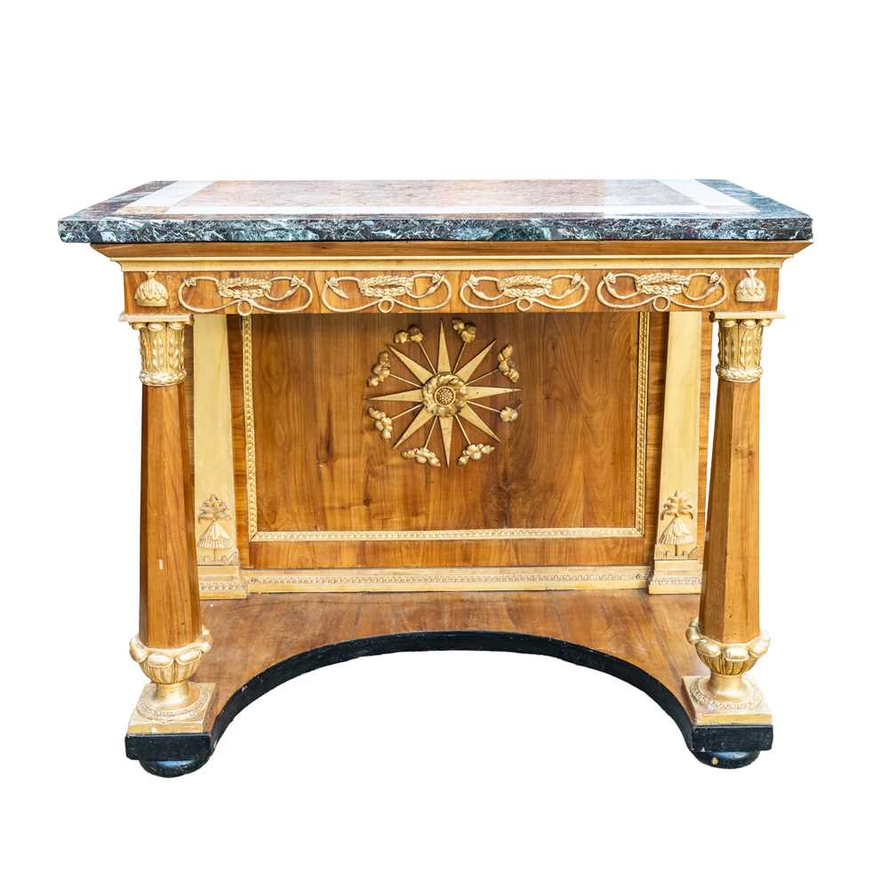 Lot 23 - A French Empire period marble topped walnut and parcel gilt console table