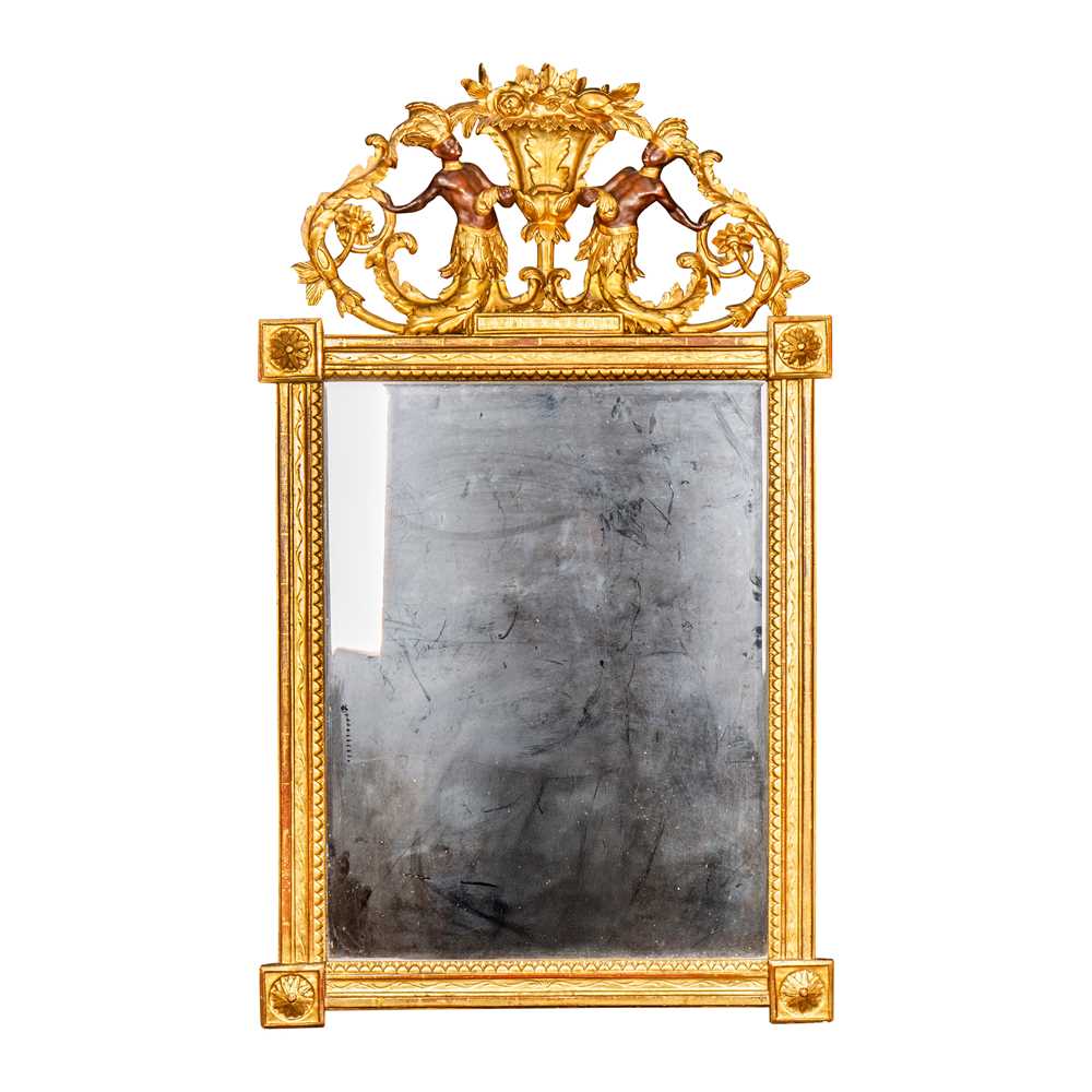 Lot 60 - A continental gilt mirror with figural cresting