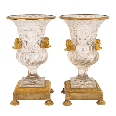 Lot 163 - A pair of late 19th Century second Empire Period French Crystal & Ormolu vases of campana urn form