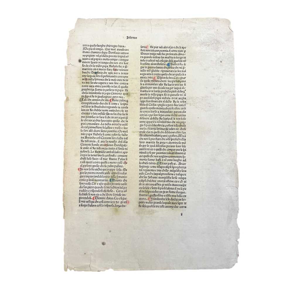 Lot 12 - Single leaf from Dante's 'La Commedia', 1477