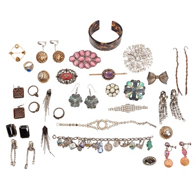 Lot 259 - An amethyst and seed pearl brooch together with silver and costume jewellery