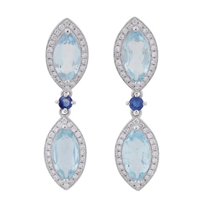 Lot 54 - A pair of aqua and sapphire pendent earrings