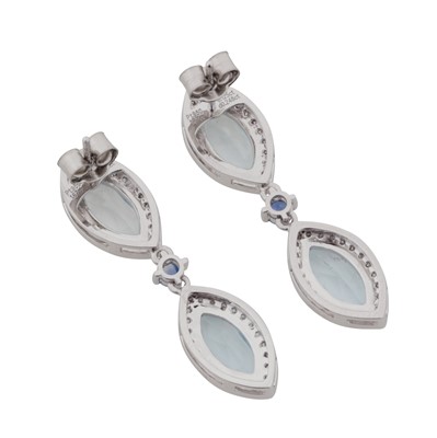 Lot 54 - A pair of aqua and sapphire pendent earrings
