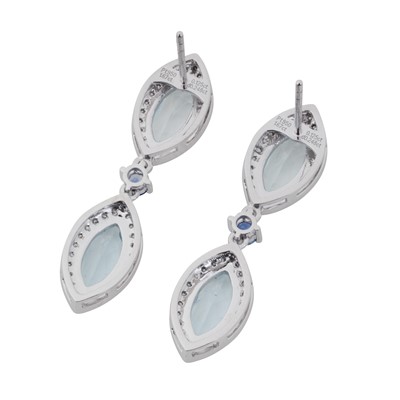 Lot 54 - A pair of aqua and sapphire pendent earrings