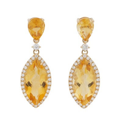 Lot 296 - A pair of citrine and diamond pendant earrings