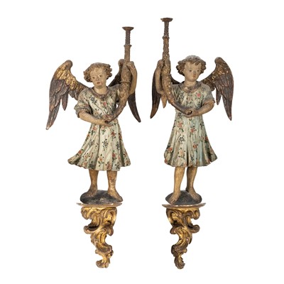 Lot 100 - A pair of European carved and polychrome painted wood angels, believed circa 17th / 18th century