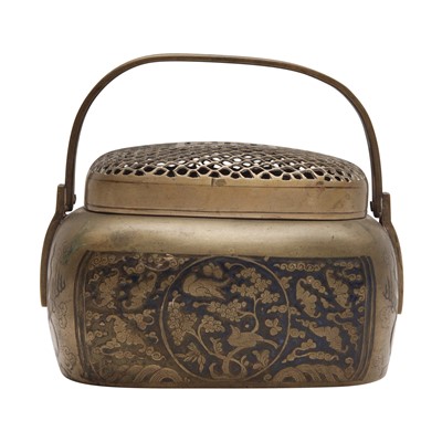 Lot 142 - A Chinese enamelled bronze 'birds and blossoms' handwarmer, Qing dynasty, 19th century