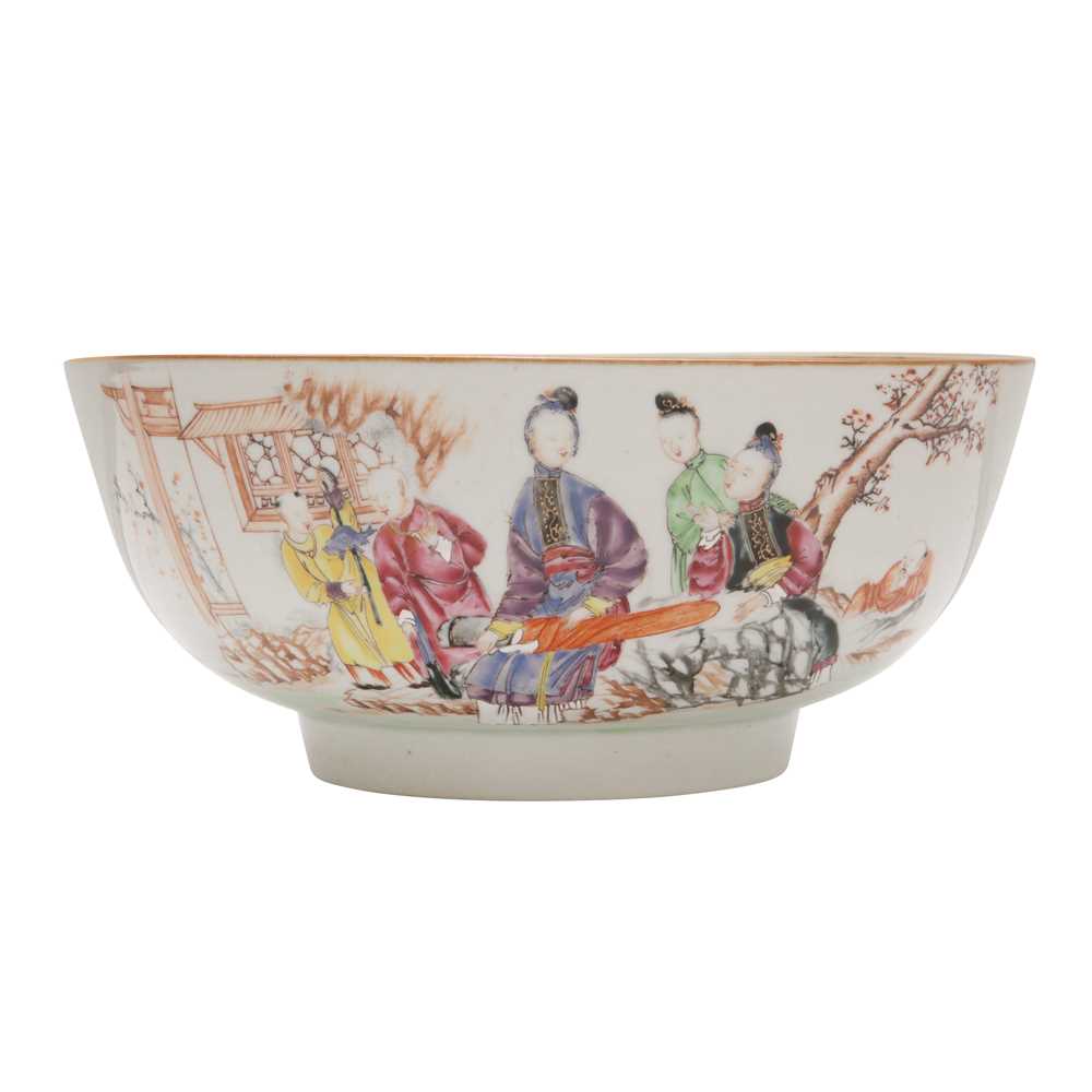 Lot 62 - A Chinese famille-rose 'figurative' punch bowl, Qing dynasty, Yongzheng / Qianlong period