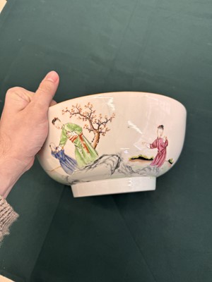Lot 62 - A Chinese famille-rose 'figurative' punch bowl, Qing dynasty, Yongzheng / Qianlong period
