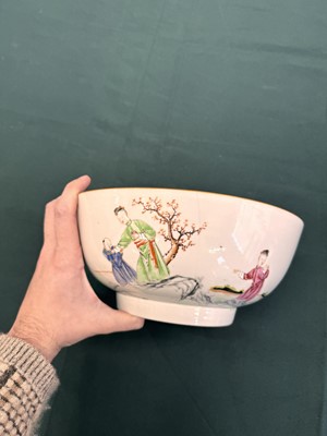 Lot 62 - A Chinese famille-rose 'figurative' punch bowl, Qing dynasty, Yongzheng / Qianlong period
