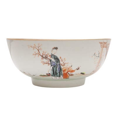 Lot 62 - A Chinese famille-rose 'figurative' punch bowl, Qing dynasty, Yongzheng / Qianlong period