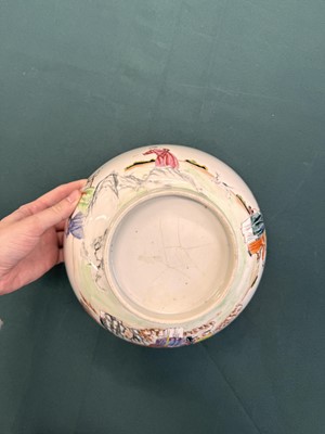 Lot 62 - A Chinese famille-rose 'figurative' punch bowl, Qing dynasty, Yongzheng / Qianlong period