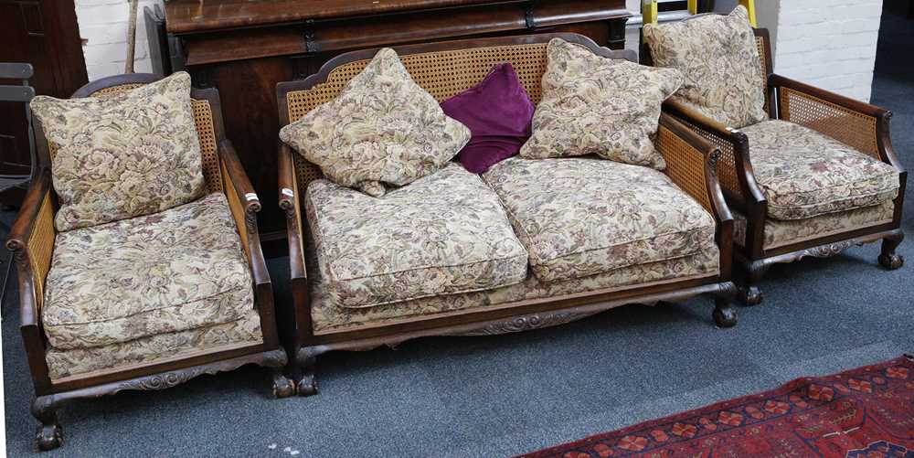 Lot 833 - A Bergere rattan 3 piece suite, mid 20th...