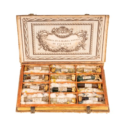 Lot 137 - Fonderia di S. Maria Novella di Firenze, a set of twelve perfumes in tapestry bound book-form box