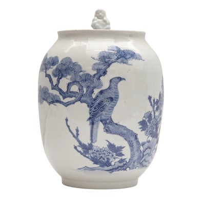 Lot 5 - A Japanese Hirado blue and white 'hawk' water jar (mizusashi), Meiji period