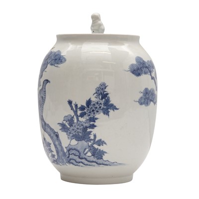 Lot 5 - A Japanese Hirado blue and white 'hawk' water jar (mizusashi), Meiji period