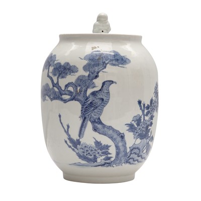 Lot 5 - A Japanese Hirado blue and white 'hawk' water jar (mizusashi), Meiji period