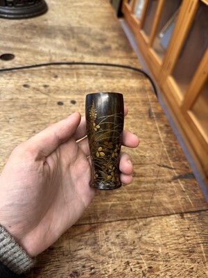 Lot 10 - A fine Japanese lacquered black persimmon wood whisk holder, Edo period - Meiji era, 19th century