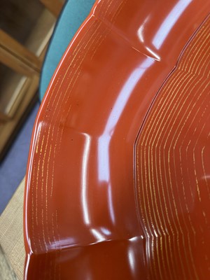 Lot 6 - A Japanese Wajima gilt-painted lacquer foliate tray, Showa period