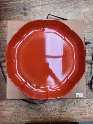 Lot 6 - A Japanese Wajima gilt-painted lacquer foliate tray, Showa period