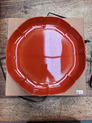 Lot 6 - A Japanese Wajima gilt-painted lacquer foliate tray, Showa period