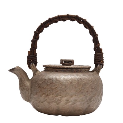 Lot 14 - A Japanese Banko ware silver imitation teapot (kyūsu), Meiji-Showa period
