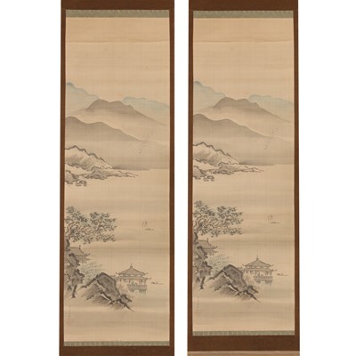 Lot 102 - A set of two Japanese 'landscape' scrolls paintings, signed Ikawain Hogyo (Naganobu), Edo period