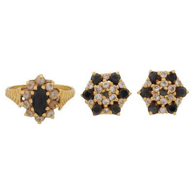 Lot 186 - A sapphire and paste suite of ring and earrings