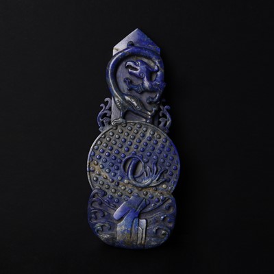 Lot 134 - A large Chinese lapis lazuli archaistic 'chilong' tablet, 19th century