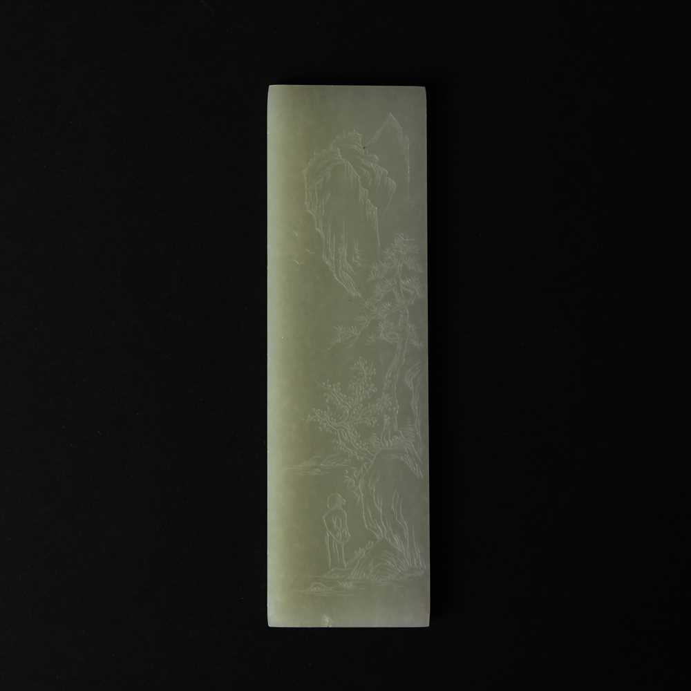 Lot 517 - A Chinese jade 'figural landscape' plaque, 19th/20th century