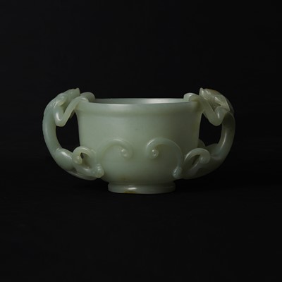 Lot 526 - A Chinese celadon jade 'chilong' cup, 19th century