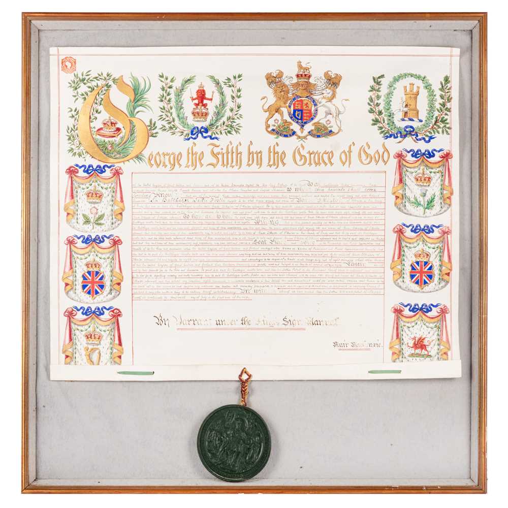 Lot 55 - Royal Warrant of King George V, appointment of Sir Balthazar Foster to Baron Ilkeston of Derbyshire