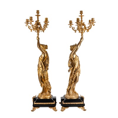 Lot 70 - A pair of French ormolu and slate figural candelabra after Jean Louis Gregoire, late 20th century