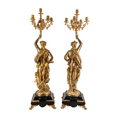 Lot 70 - A pair of French ormolu and slate figural candelabra after Jean Louis Gregoire, late 20th century