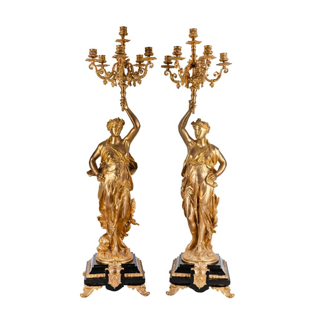 Lot 70 - A pair of French ormolu and slate figural candelabra after Jean Louis Gregoire, late 20th century