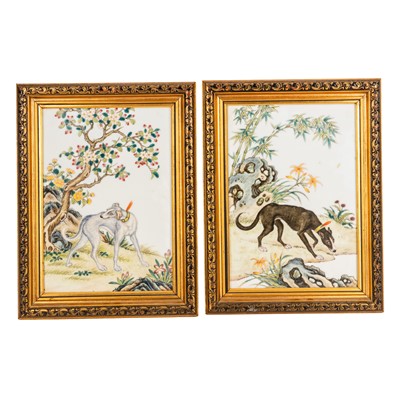 Lot 159 - Two Chinese famille-rose 'dog' plaques, 20th century