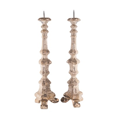 Lot 75 - A pair of Italian painted and silvered wood pricket candlesticks, 18th / 19th century