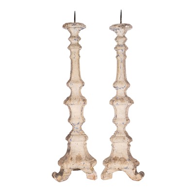 Lot 75 - A pair of Italian painted and silvered wood pricket candlesticks, 18th / 19th century